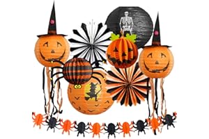 ZILUE Halloween Party Decorations, Black Orange Party Supplies, Hanging Paper Lanterns Pumpkin Honeycomb Paper Fan Spider Garland Halloween Decorations for Kids Adults Home Decor Indoor Outdoor