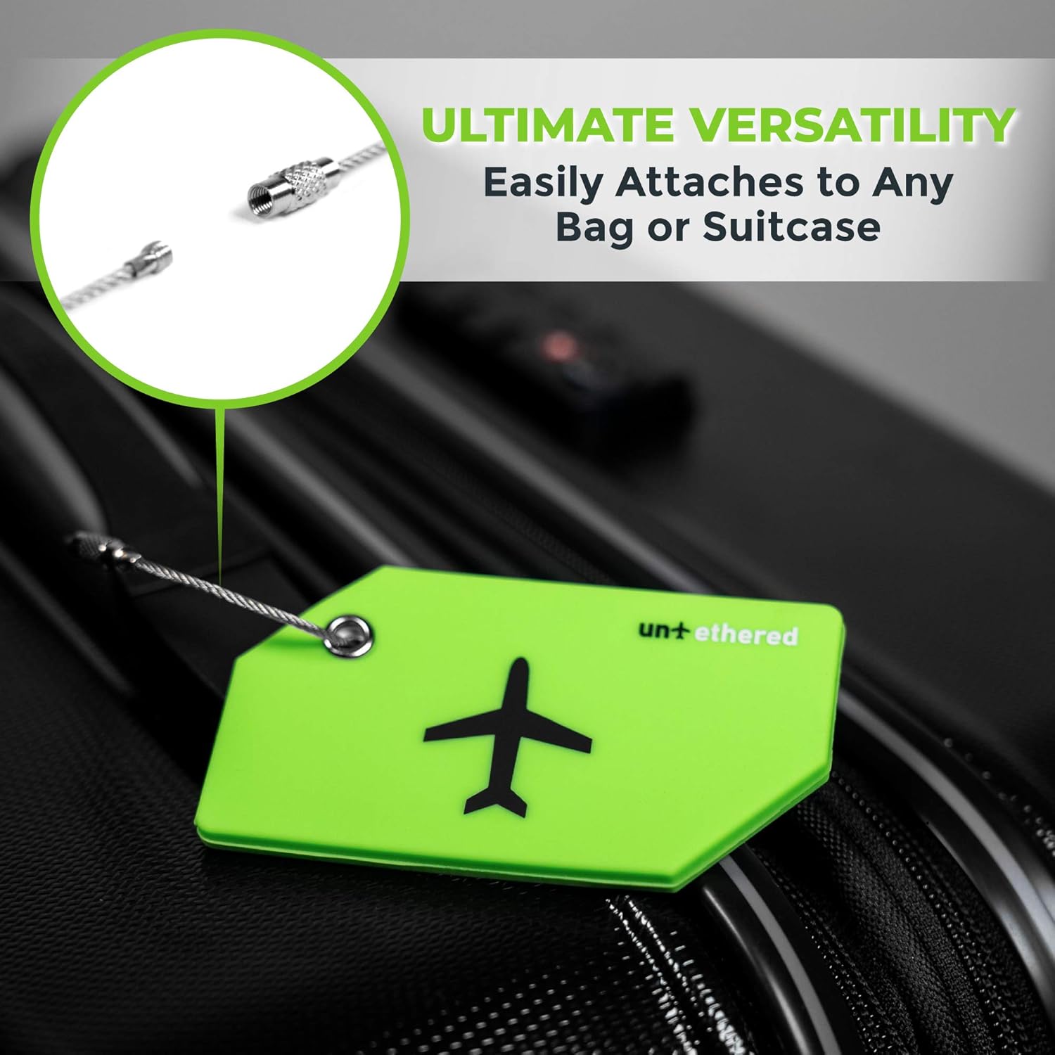 Untethered Luggage Tag Set | 4 Pack Flexible & Bright Silicone Baggage Tags for Travel & Suitcases. Includes Name Cards with Partial Privacy Cover & Stainless Steel Loops for Secure Fastening (Green): Office Products