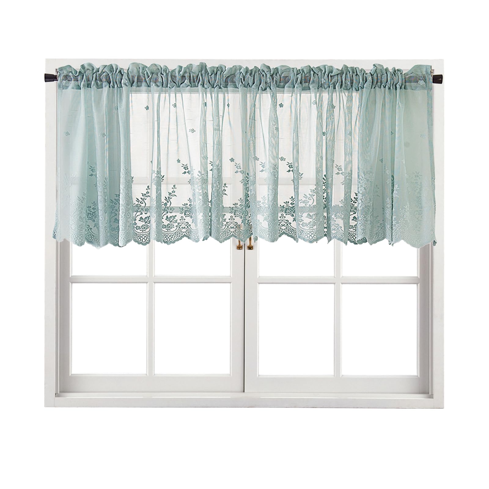 Lace Tier Curtain with Rod Pocket for Kitchen or Bathroom Windows, White Lace Valance - 130 x 41 cm (Green)