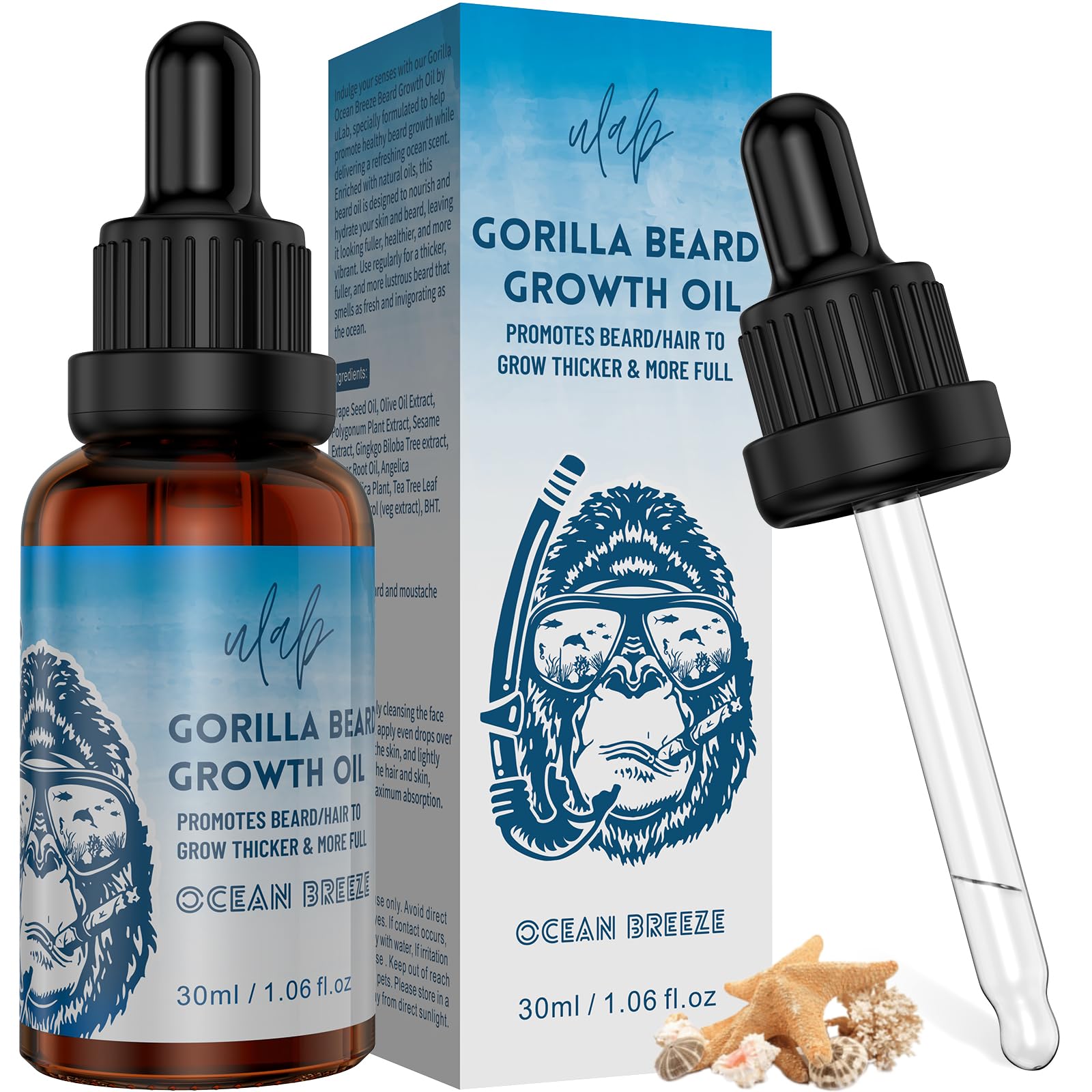 uLab Beard Growth Oil for Men - 30ml, Ocean Breeze Scent Premium Beard Care Oil - Natural Beard Moisturiser, Softener, and Conditioner for Facial Hair