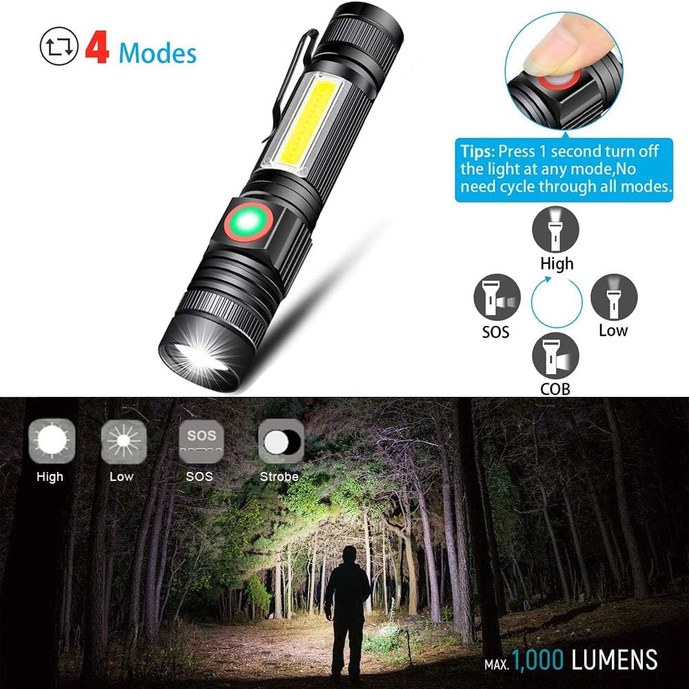 LED Flashlight Rechargeable, Tactical Flashlight Magnetic with Cob (Battery Included), Pocket-Size LED Torch with Clip, Waterproof, Zoomable, 4 Mode Flash Light for Camping, Emergency Use - - 