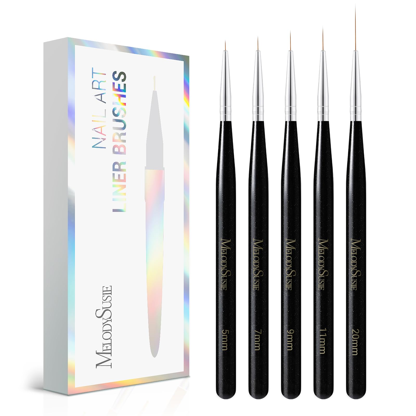 MelodySusie Nail Art Liner Brushes 5Pcs Professional Gel Polish Painting Art Design Pen Set for Thin Long Lines, Tiny Details, Fine Drawing, Delicate Coloring Sizes 5/7/9/11/20mm, Black