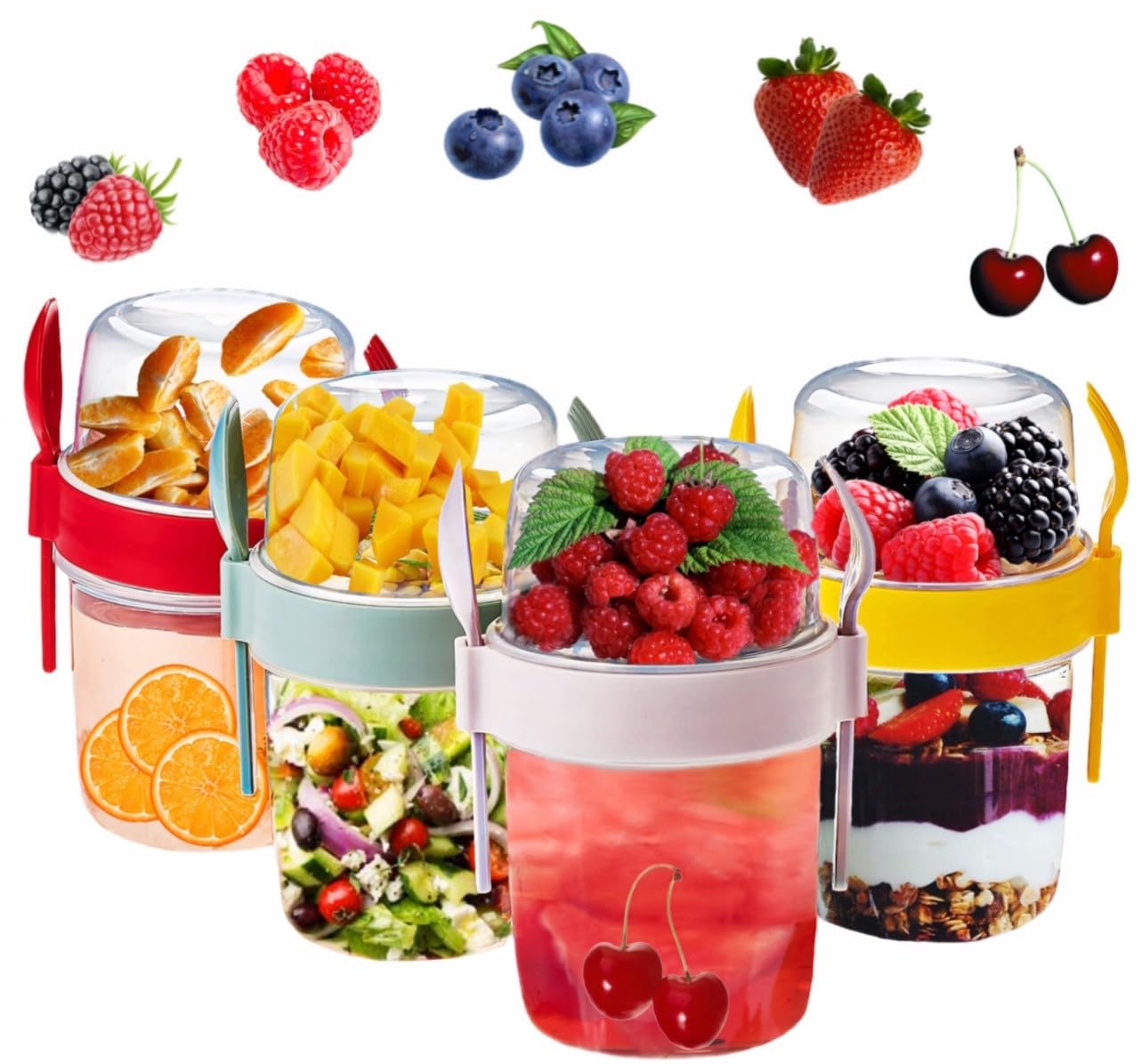 VL Yogurt Pots Reusable Overnight Oats Container with Spoon & Fork BPA free Breakfast Pots to GO Muesli Cereal On the Go Dishwasher Safe Lunch Box Oatmeal Jars ((Red, Pink, Grey & Yellow), 800ml)