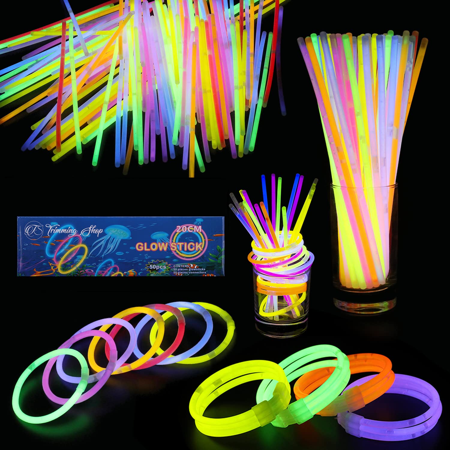 50pcs Premium 8 Inch Glow Sticks With Connectors To Make Neon Necklace Wrist Band Bracelets, Party Favours, Party Bag Fillers for Kids - Party Accessories, Long-lasting Glow Sticks for Children