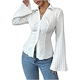 GORGLITTER Women's Bell Sleeve Button Up Shirt Collared Long Sleeve Fitted Ruched Textured Dressy Casual Work Blouse