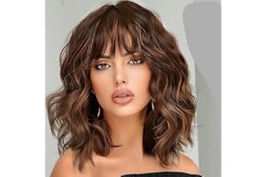 Lativ Brown Highlight Wigs for Women Short Wavy Curly Bob Wig with Bangs Shoulder Length 14 Inches Synthetic Hair for Daily Party Use