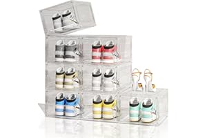 HOYOJA Upgraded Thickened Sturdy Large Shoe Boxes Clear Plastic Stackable 8 Pack Shoe Storage Organizer for Closet/Entryway, Drop front Shoe Box with Magnetic Door, Shoe Display Case, Fit up to US size 14