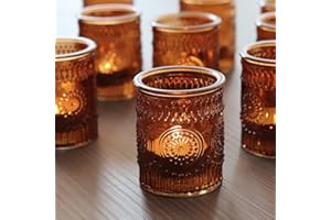 SHMILMH Amber Glass Candle Holders Set of 24, Ribbed Votive Tealight Candle Holders for Christmas Wedding Table Centerpiece Birthday Party Decoration