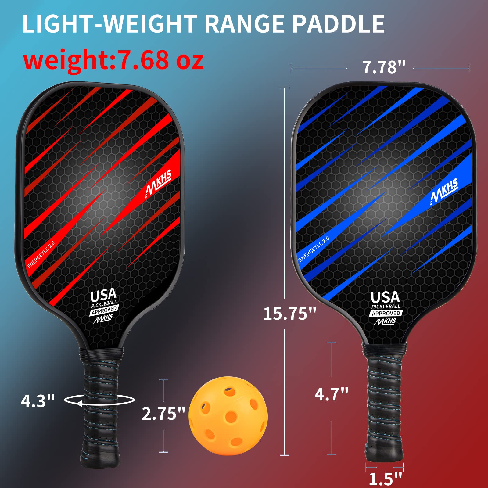 MKHS Pickleball Paddles, Pickleball Paddles Set of 2 - USAPA Approved, A Carbon Fiber Face, Honeycomb Pickleball Rackets with 2 Pickleball Racquets, 4 Balls and a Portable Carry Bag