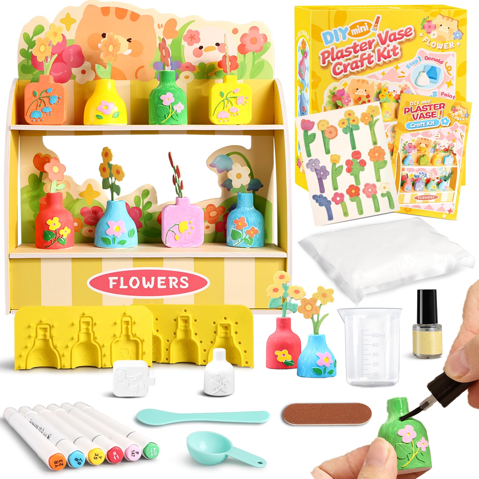 Crelloci Mess-Free Mini Plaster Vase Painting Craft Kit for Kids – DIY Arts & Crafts Set with Vase Moulds, Paints, EVA Flowers & Display Stand – Gift for Girls 6+