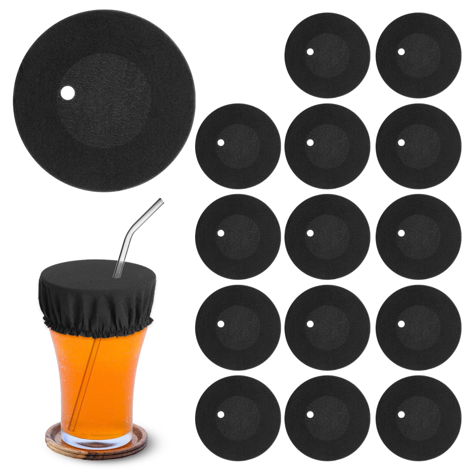 15 Piece Drink Cover Scrunchies, Elastic Fabric Class Cup Drink Covers, Anti Spike Drink Cover with Straw Hole, Reusable Drink Covers, Band Cup Cover for Drinks Protector Fits Most Cups (Black Color)