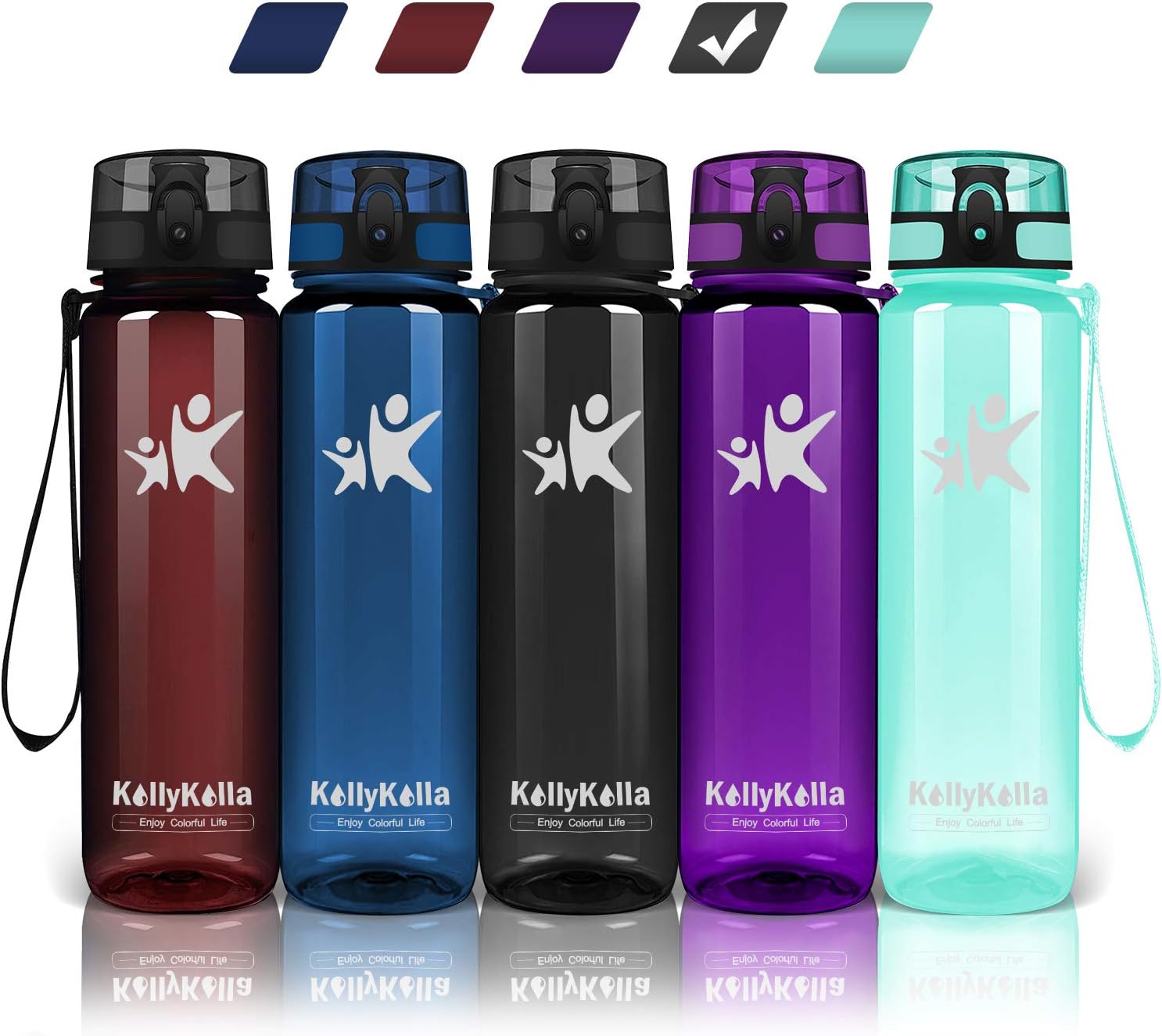 KollyKolla Sports Water Bottle - 350/500/800ml/1L/1.5L, BPA Free Tritan Plastic Eco-Friendly Drink Bottles with Filter & Time Marker, One Click Flip Lid, for Kids, School, Gym, Hiking, Bicycle, Yoga