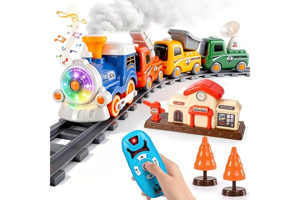 RC Steam Train Set for Kids, Electric Model Train with Smoke and Tracks | Toddler Train Toy, Classic Railway, Light and Sound