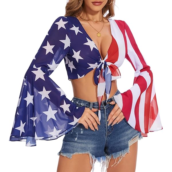 Patriotic Shirts for Women 4th of July Bell Sleeve Top V Neck Crop