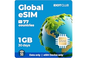 EIOTCLUB eSIM for Global Travel for 1GB 30 Days - 5G/4G High Speed Network Prepaid eSIM in 77+ Countries, QR Code Activation, Data ONLY, No Voice/SMS