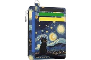 Hancynir Slim Wallet Women Credit Card Holder Black Cat Starry Night RFID Small Mini Card Case Front Pocket PU Leather Thin Travel Zipper Coin Cash ID Window Girls Wallet Gifts