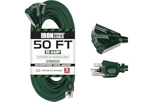 Iron Forge Cable 50ft Green Outdoor Extension Cord with 3 Outlets - 16/3 SJTW 50ft Extension Cord 3 Prong, 13 Amp All-Weather Heavy Duty Power Cable