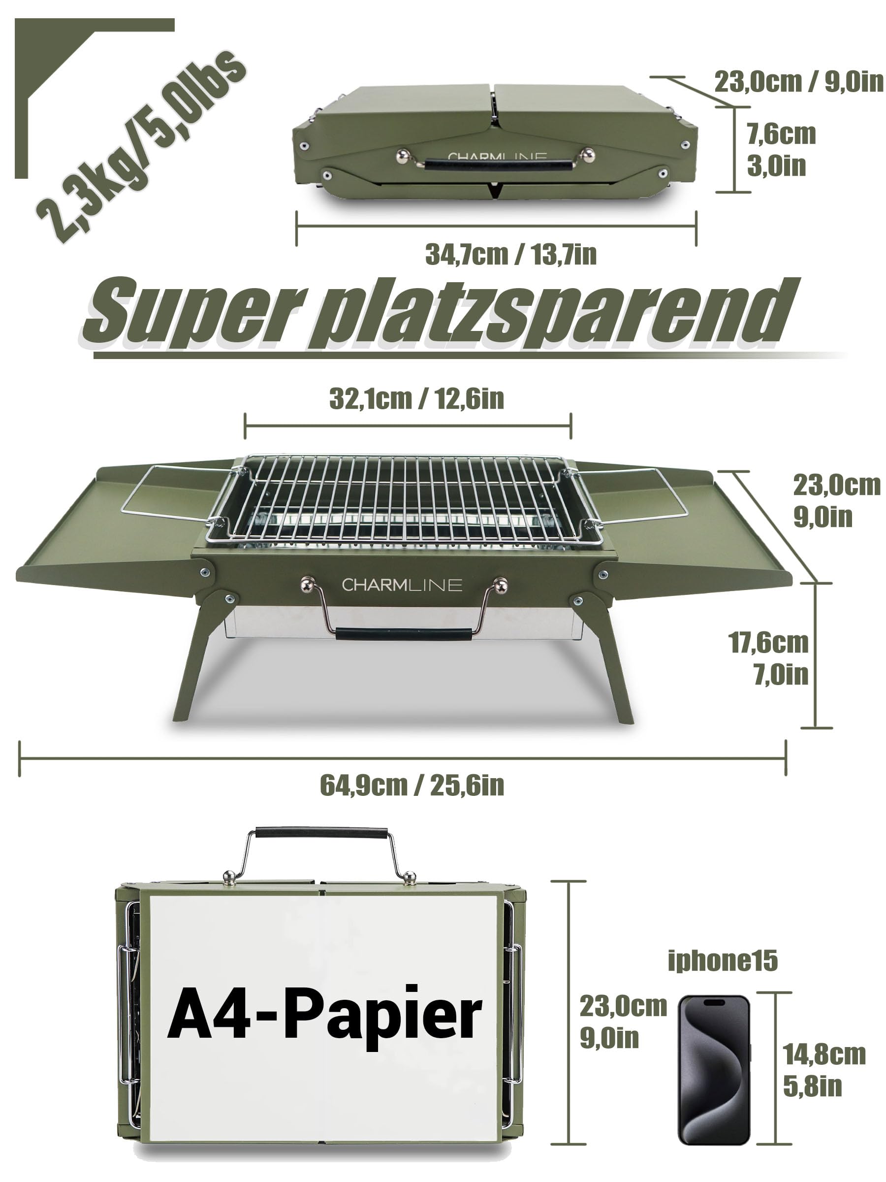 Charmline Tragbarer Holzkohlegrill, Klappbarer Campinggrill 35 x 23 cm für 1–3 Personen, Mini BBQ Grill für Balkon, Garten, Camping, Picknick und Strand, Grün 4