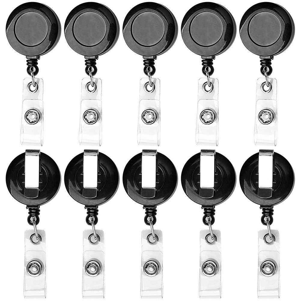 kuou 10 Pack Retractable Badge Holder, Keyring Lanyard Badge Reels Holder Set Extendable Belt Clips Heavy Duty Badge Tether Retractable Keychain for Lanyard Key Ring Id Card Holder(Black)