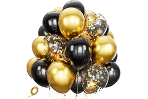 ASIYUHY Black Gold Confetti Balloons 50 Pack 12 inch Black and Gold Metallic Latex Balloons with 1 Rolls of Ribbon for Birthday Graduation Celebration Party Decorations.
