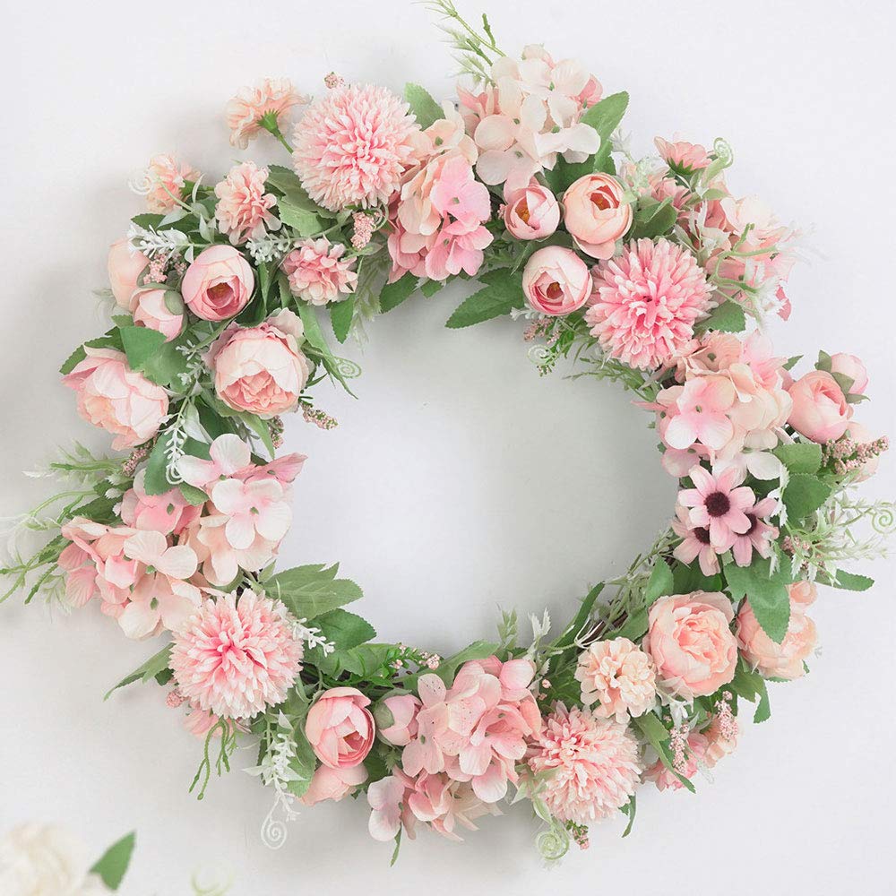 SUREH 15.7inch Artificial Pink Hydrangea and Peony Floral Spring Wreath Silk Peony Wreath with Green Leaves Welcome Front Door Wreath for Wedding Wall Home Decor