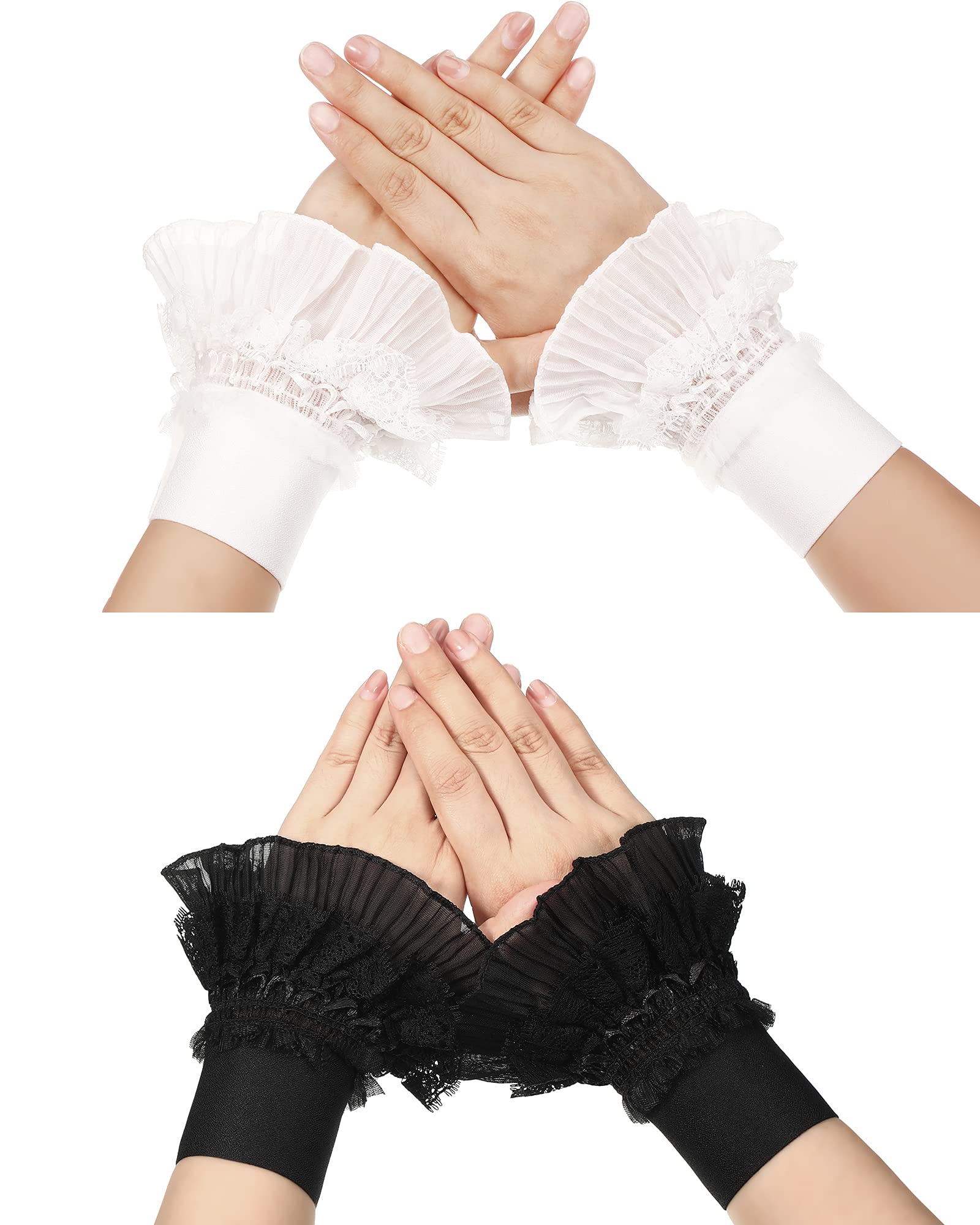 Photo 1 of Floral Layered Cuff 2 Pairs Lace Stretch Jabot Cuffs Lace Wrist Cuff Fake Sleeves Black White Lace Jabot Cuffs Costume Accessory