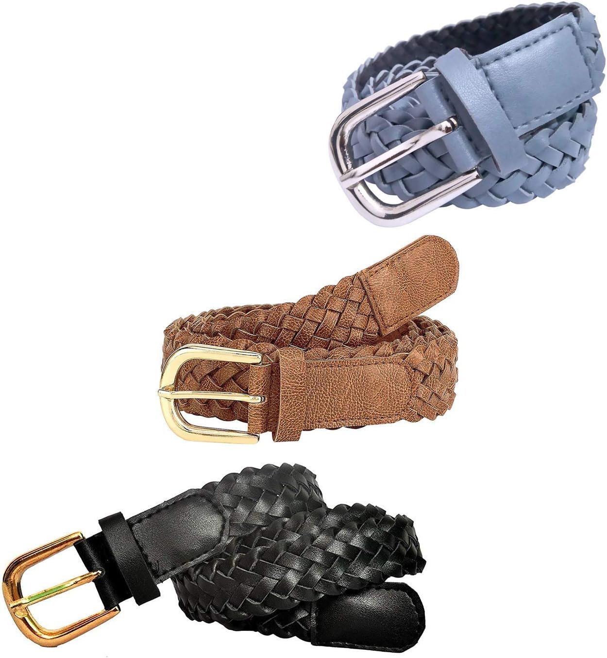 AakritiPremium Braided Leather Belt for Girls & Women – Adjustable, Stylish Casual & Formal Waist Belt – Durable Unisex Woven Belt in Black, Brown & Blue – 3 Pack (Size 24-35)