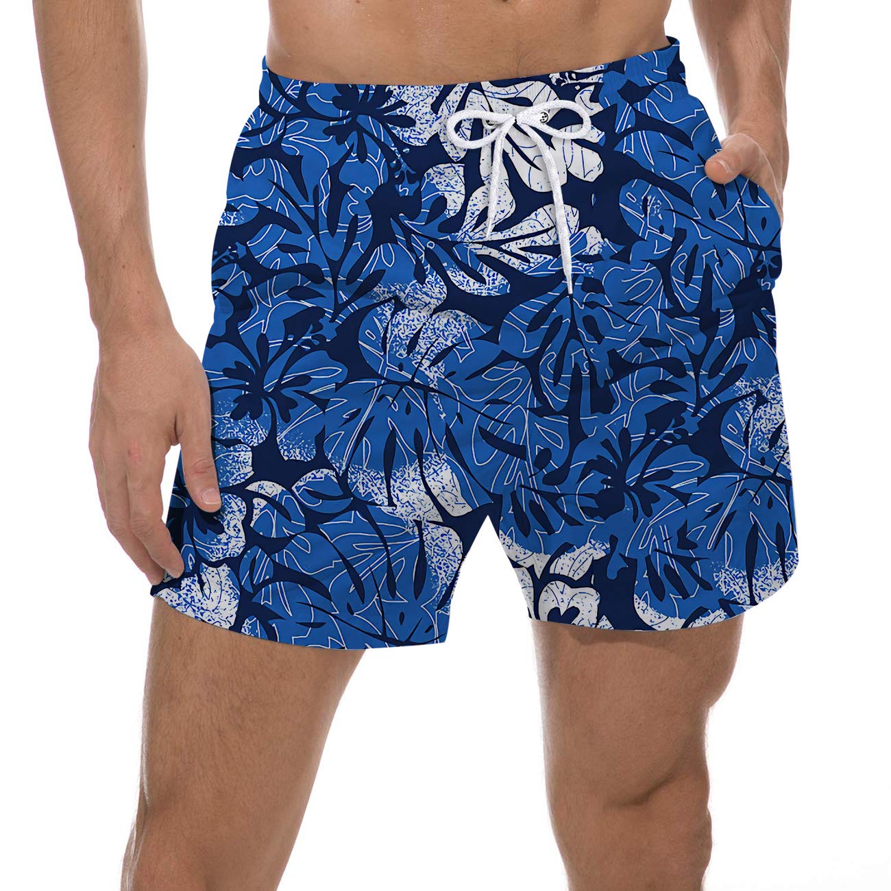 UNICOMIDEA Mens Swimsuits 80s Swim Trunks Blue Floral Printed Swim Board Shorts Slim Fit Quick Dry Board Shorts with Mesh Lining