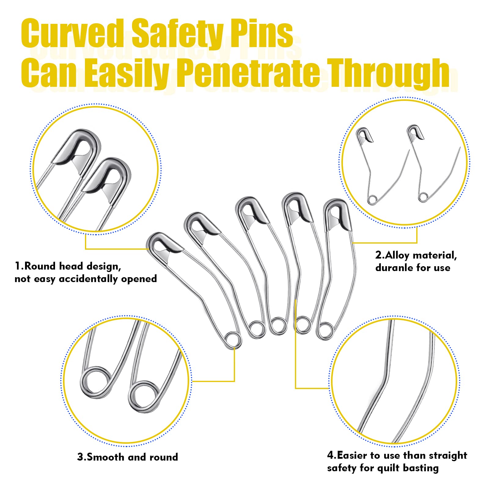 Cindeer 200 Pcs Curved Safety Pins 1.5 Inch Quilting Basting Safety Pins for Quick Basting Knitting and Quilting, Silver