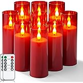 Amagic Christmas Red Flameless Candles, Battery Operated Candles with Remote and Timer, Acrylic Flickering LED Candles for Thanksgiving Decor, D2.2''xH5''6" 7", Set of 9