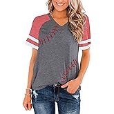Sunidol Womens Baseball Tees Baseball Printed Short Sleeve V Neck Colorblock Casual Raglan Baseball Mom T-Shirt