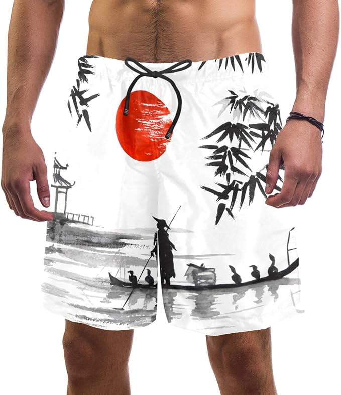 Mens Swim Trunks Japanese Traditional Boat Swim Shorts Quick Dry