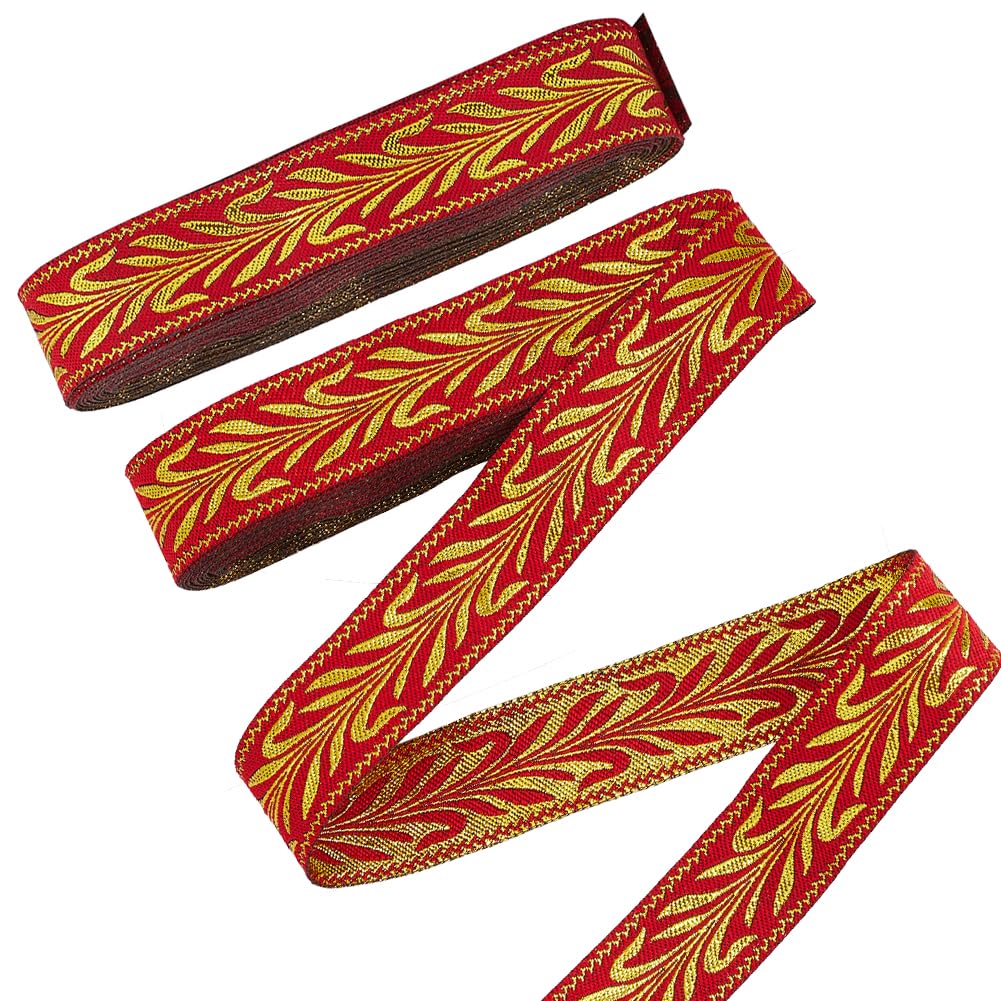 PH PandaHall 2 Bundle Ethnic Style Jacquard Ribbon 25mm Wide Gold Leaf Ribbon Vintage Ribbon Emobridered Woven Ribbon Fabric Trim Fringe for DIY Clothing Accessories, Sewing, Handmade Bag 14m