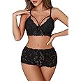 Lilosy Sexy Strappy High Waist Floral Lace Pajamas Lingerie Set Outfits