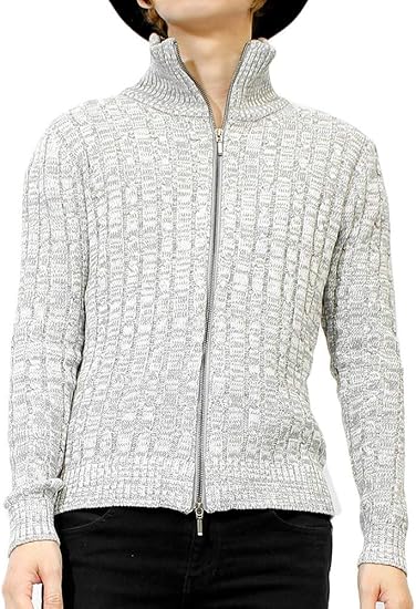 Amazon ニット ブルゾン メンズ カーディガン ミックス ケーブル編み スタンドカラー ジップアップ スリム セーター カーディガン 通販