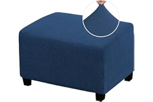 PrinceDeco Stretch Ottoman Cover Slipcovers Rectangle for Living Room Foot Stool Stretch Covers to Fit Ottoman Foot Rest, Thick Checked Jacquard Fabric with Elastic Bottom (Oversized Ottoman, Navy)