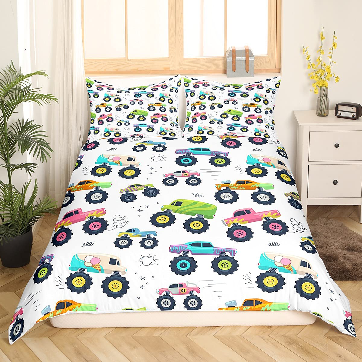 Loussiesd Cars Duvet Cover Cute Monster Truck Bedding Set for Kids Boys Heavy Machinery Equipment Comforter Cover Cool Vehicle Modified Colorful Bedding & Linen 2Pcs Single Size