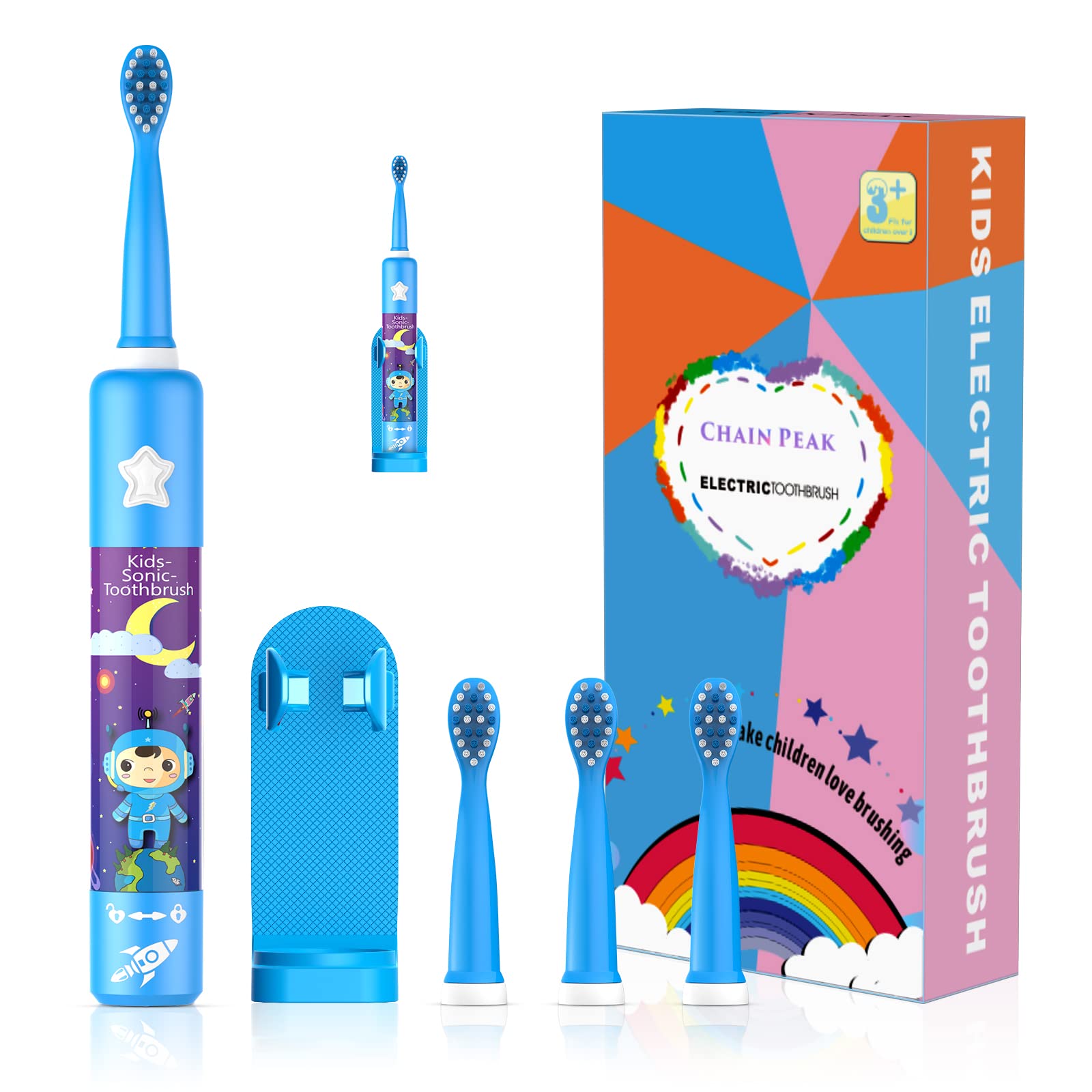 CHAIN PEAK Musical Kids Sonic Electric Toothbrush, Rechargeable Smart Cartoon Toothbrush for Children Toddlers for Age 3-12 with 2- MinTimer, 3 Modes, 4 Bristles,34000 Pulses (Blue Astronaut)