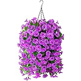 INQCMY Artificial Faux Hanging Flowers Plants Baskets for Outdoors, Fake 3 Pcs Silk Morning Glory in Planter UV Resistant Realistic for Porch Patio Balcony Garden Yard Home Decor