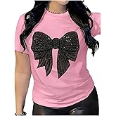 RoseSeek Women's Rhinestone Sequin Bowknot Graphic Tees Short Sleeve Crewneck Summer Tops Going Out T Shirt