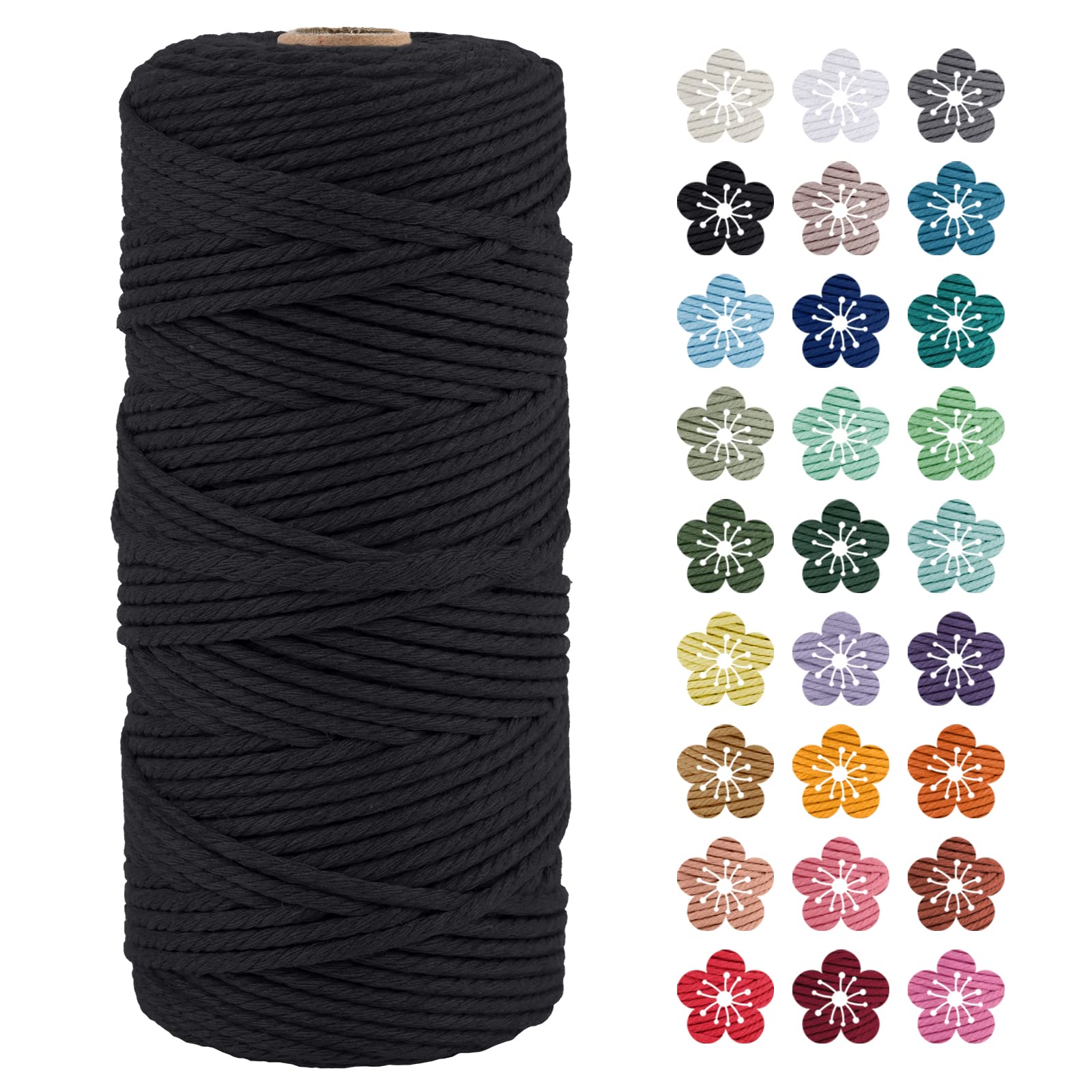 LEREATI Macrame Cord 3mm x 100m, Thick Macrame Rope Natural Cotton Rope Craft String, 4 Strand Twisted Cotton Cord Yarn for DIY Plant Hanger, Wall Hanging, Christmas Decoration (Black)