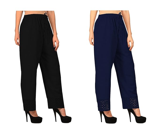 Women's Cotton Palazzo Designer Plain Casual Wear Palazzo for Women/Girl Combo Cotton Palazzo Color-Black_Nevy Blue