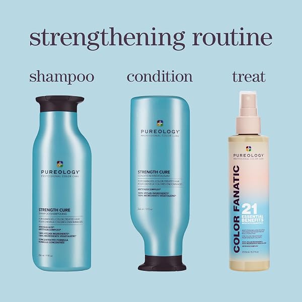 PUREOLOGY STRENGTH CURE SHAMPOO – FOR DAMAGED OR COLOR TREATED HAIR, HAIR STRENGTHENING & PREVENTS BREAKAGE, SEALS SPLIT ENDS, VEGAN & SULFATE-FREE, 9 FL OZ