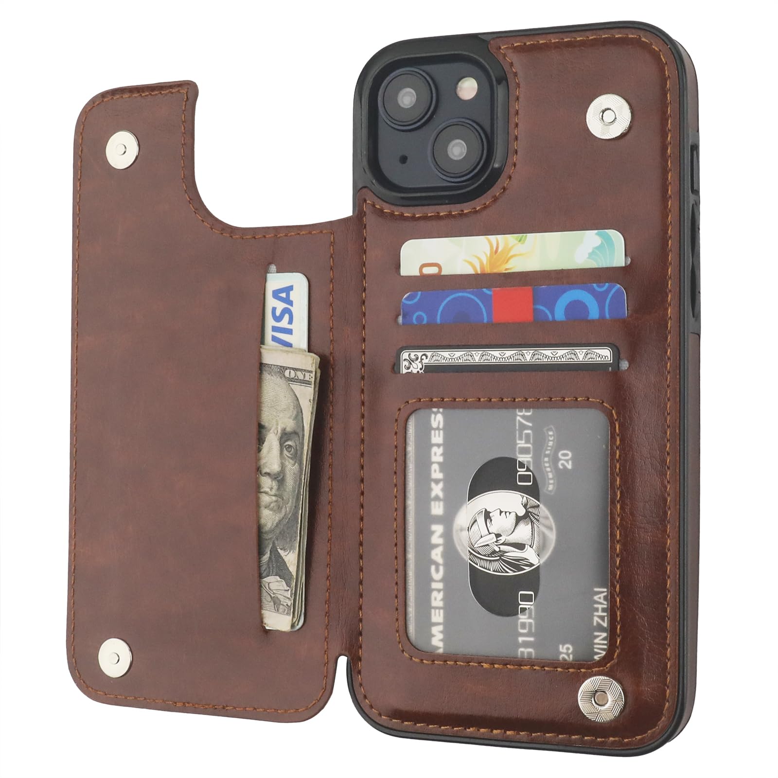 Photo 1 of ONETOP Compatible with iPhone 15 Plus Wallet Case with Card Holder, PU Leather Kickstand Card Slots Case, Double Magnetic Clasp and Durable Shockproof Cover 6.7 Inch (Brown)