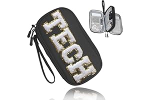 COSHAYSOO Small TECH Pouch Electronics Organizer Travel Bag Chenille Letter Case Personalized Women Graduation Gift for Her, Cord Charger Cable Traveling Accessory Airplane Cruise Essentials Black
