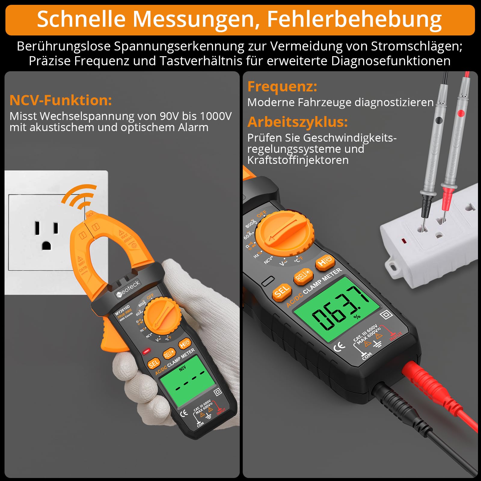 Neoteck Digitales Stromzangenmessgerät TRMS 6000 counts 800A AC/DC Strom AC/DC Spannung NCV Durchgang Kapazität Widerstand Frequenz Diode Test 5