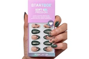 BTArtbox Press On Nails Almond - Holly Hypnotic, 3D Cheey Short Glitter French Tip Christmas Press On Nails with Glue and Adhesive Tabs for Women in 16 Sizes - 32 Soft Gel Glue On Nails Kit