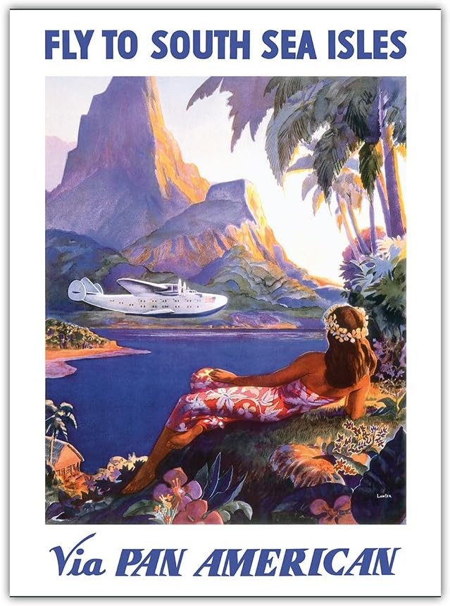Fly to South Seas Isles via Pan American - Pan American Airways (PAA) Hawaii - Vintage Airline Travel Poster by Paul George Lawler c.1940s - Premium 290gsm Bamboo Paper Print 24x32in