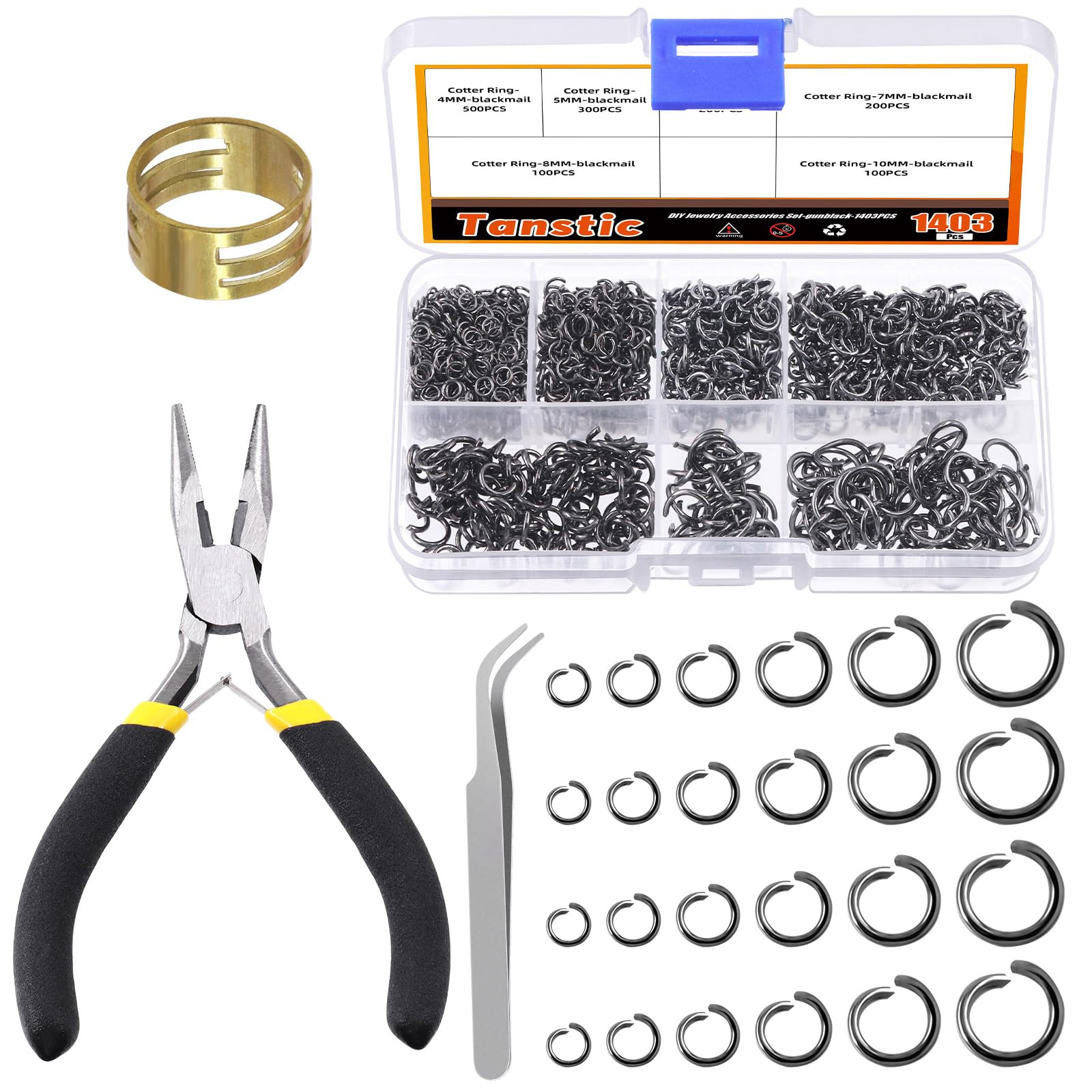 Tanstic 1403Pcs Black Open Jump Rings Kit, 4mm, 5mm, 6mm, 7mm, 8mm, 10mm Jewelry Jump Rings with Accessories for Jewelry Making