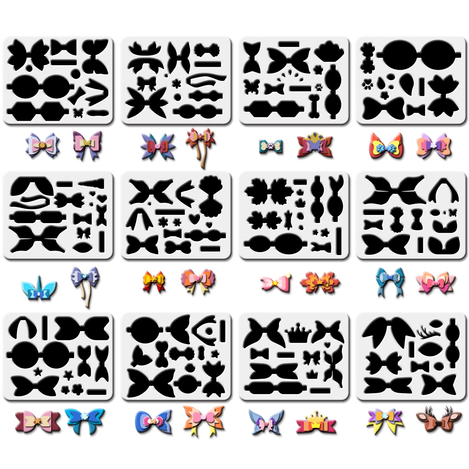 FINGERINSPIRE 12 Sets Plastic Bows Tie Making Template,25x20cm Unicorns Mermaids Crowns Butterflies Deer Style Bows Stencil for Card Making, Hairpin and DIY Craft Making